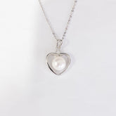 Hollow Heart with Round Pearl Pendant Silver Necklace for Women